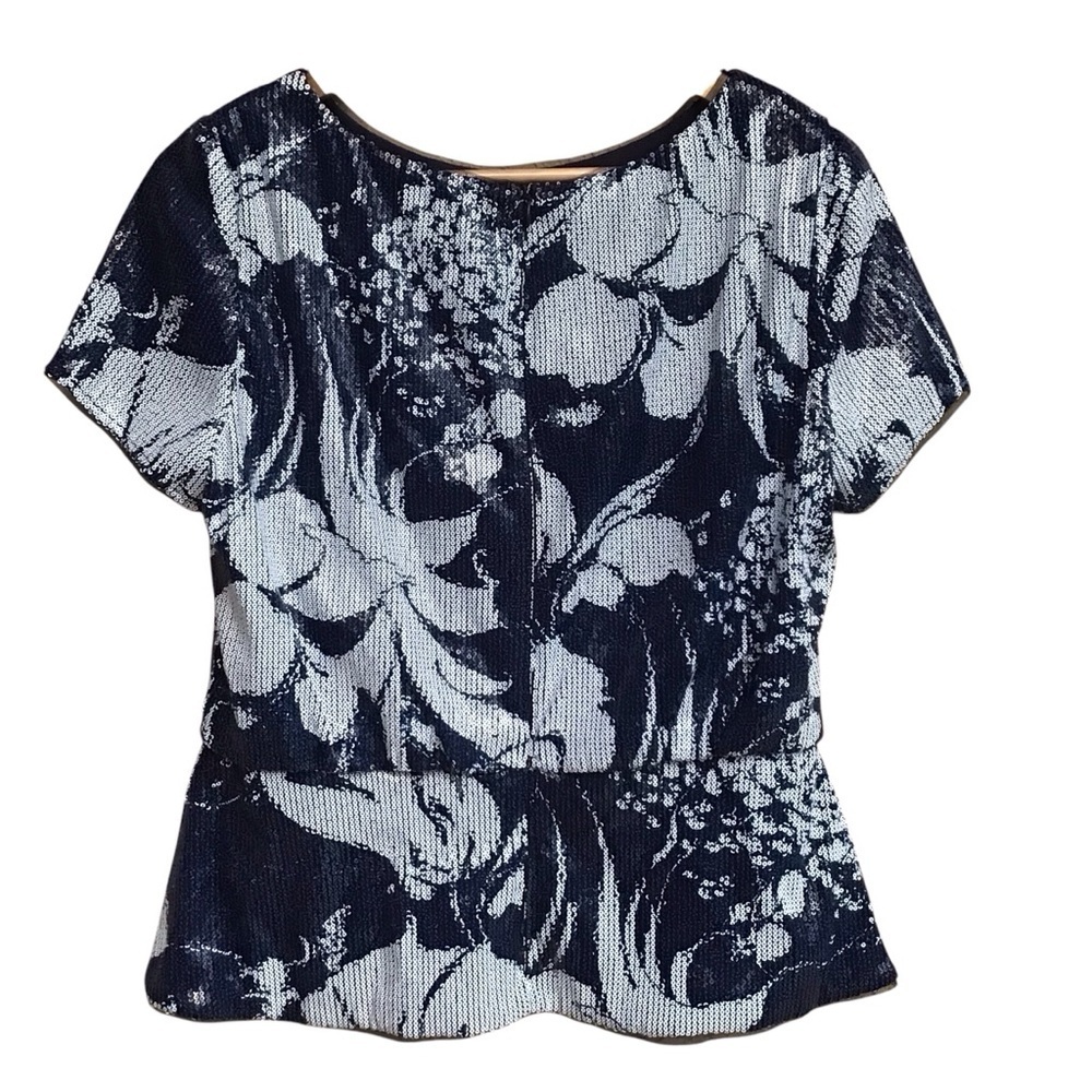 Adrianna Papell Midnight Blue Sequined Floral Peplum Blouse Size 10 - Picture 5 of 10